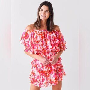 Misa Los Angeles Isella Maldive Marble Floral Off-Shoulder Ruffle Mini Dress M
